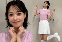 【鷲見玲奈】ゴルフウェアのオフショット「可愛いウェアを着て可愛い髪型にしてもらったので、思いっきりぶりっ子してみました　怒らないで…！笑」