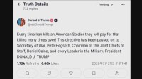 トランプ大統領　米兵殺害なら「何倍もの代償を支払う」イランに警告