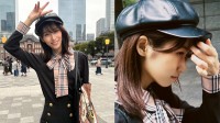 【 片岡凜 】　「イェーイ！めっちゃホリデイ」丸の内の街並みを背景に休日を満喫　黒キャスケット×チェックリボンの秋スタイルを披露