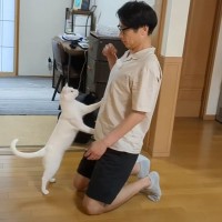 猫に『ジャンピング抱っこをしてほしいパパ』が頑張った結果…『まさかの光景』が16万5000再生「目頭が熱くなる」「名シーン」の声