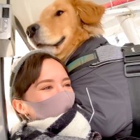 初めてゴンドラに乗ったら、一緒にいた大型犬が…予想以上に『大パニックになる光景』が49万再生「しがみついてるｗ」「なんて微笑ましい家族」