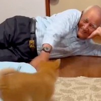 おじいちゃんが『小さな子犬』と初めて会った結果→互いにテンションが上がり…ずっと見ていたいやり取りに反響「おじいちゃんの方が面白くてｗ」